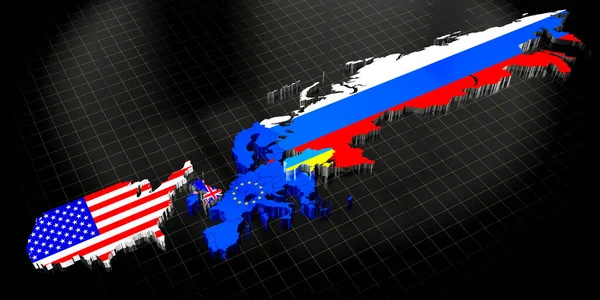 Ukraine, EU, USA, UK and and Russia map and flags - 3D illustration