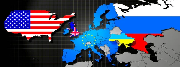 乌克兰 英国和俄罗斯的地图和国旗 3D插图 — 图库照片