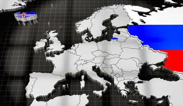 欧洲地图 冰岛国旗 俄罗斯 3D插图 — 图库照片