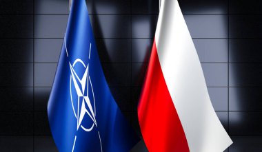 Polonya ve NATO bayrakları - 3D illüstrasyon