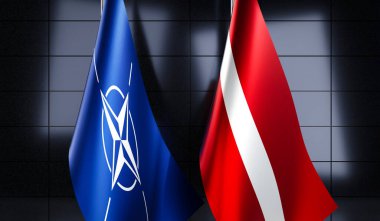 Letonya ve NATO bayrakları - 3D illüstrasyon