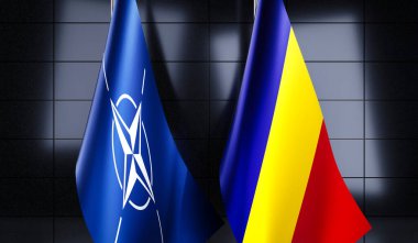 Romanya ve NATO bayrakları - 3D illüstrasyon