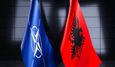Arnavutluk ve NATO bayrakları - 3D illüstrasyon