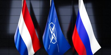 Hollanda, NATO ve Rusya bayrakları - 3D illüstrasyon