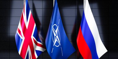 Birleşik Krallık, NATO ve Rusya bayrakları - 3D illüstrasyon
