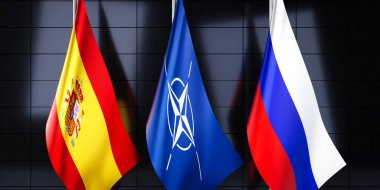İspanya, NATO ve Rusya bayrakları - 3D illüstrasyon