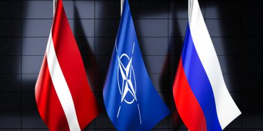 Letonya, NATO ve Rusya bayrakları - 3D illüstrasyon