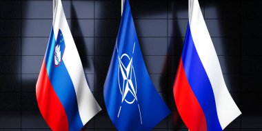Slovenya, NATO ve Rusya bayrakları - 3D illüstrasyon