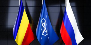 Romanya, NATO ve Rusya bayrakları - 3D illüstrasyon