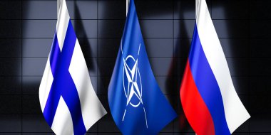 Finlandiya, NATO ve Rusya bayrakları - 3D illüstrasyon