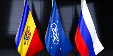 Moldova, NATO ve Rusya bayrakları - 3D illüstrasyon