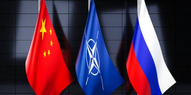 Çin, NATO ve Rusya bayrakları - 3D illüstrasyon