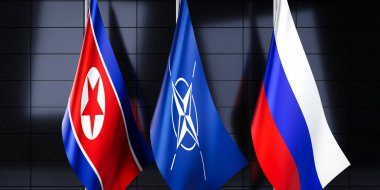 Kuzey Kore, NATO ve Rusya bayrakları - 3D illüstrasyon