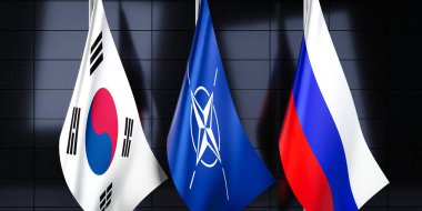 Güney Kore, NATO ve Rusya bayrakları - 3D illüstrasyon