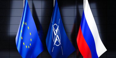 Avrupa Birliği, NATO ve Rusya bayrakları - 3D illüstrasyon