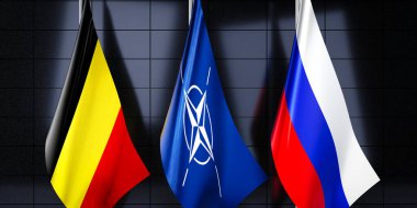 Belçika, NATO ve Rusya bayrakları - 3D illüstrasyon