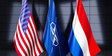 Hollanda, NATO ve ABD bayrakları - 3D illüstrasyon