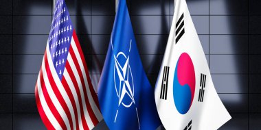 Güney Kore, NATO ve ABD bayrakları - 3D illüstrasyon