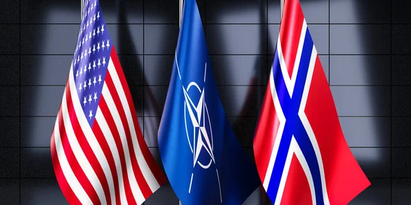 Norveç, NATO ve ABD bayrakları - 3D illüstrasyon