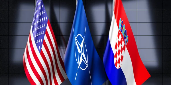 克罗地亚 北约和美国国旗 3D插图 — 图库照片