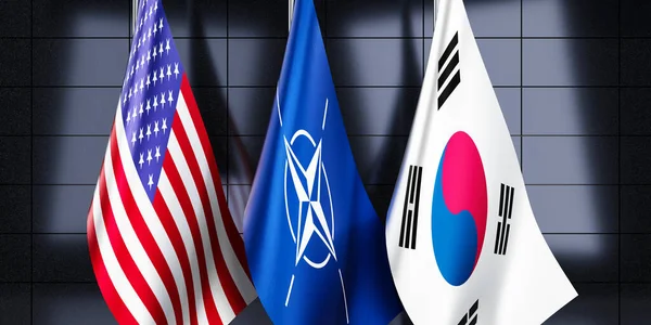 Güney Kore, NATO ve ABD bayrakları - 3D illüstrasyon