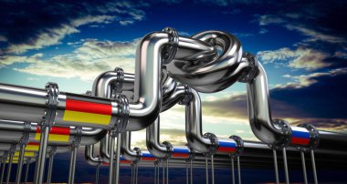 Petrol veya doğalgaz boru hattı, Almanya ve Rusya bayrakları - 3D illüstrasyon