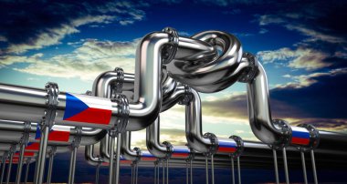 Petrol veya doğalgaz boru hattı, Çek Cumhuriyeti ve Rusya bayrakları - 3D illüstrasyon