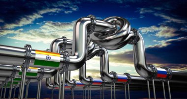 Petrol veya doğalgaz boru hattı, Hindistan ve Rusya bayrakları - 3D illüstrasyon