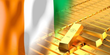 Fildişi Sahili bayrağı ve altın külçeleri - 3D illüstrasyon