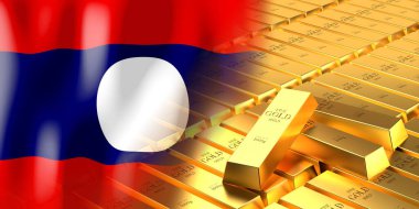 Laos bayrağı ve altın külçeler - 3D illüstrasyon