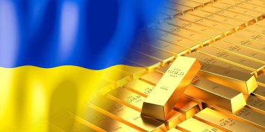 Ukrayna bayrağı ve altın külçeleri - 3 boyutlu illüstrasyon