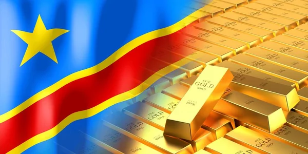 Democratic Republic of Congo flag and gold ingots - 3D illustration