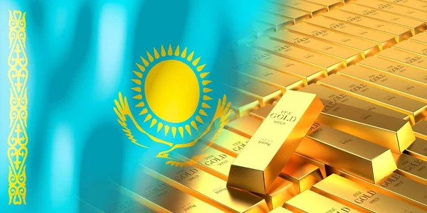 カザフスタンの旗と金のインゴット 3Dイラスト — ストック写真