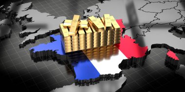 Fransa haritası ve bayrağı, altın külçeler - 3D illüstrasyon