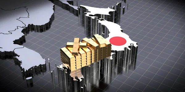 Japan map and flag, gold ingots - 3D illustration