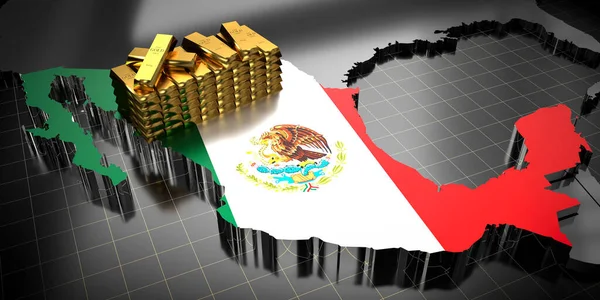 Mexico map and flag, gold ingots - 3D illustration