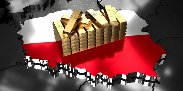 Poland map and flag, gold ingots - 3D illustration