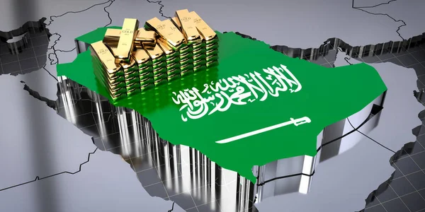 Saudi Arabia map and flag, gold ingots - 3D illustration