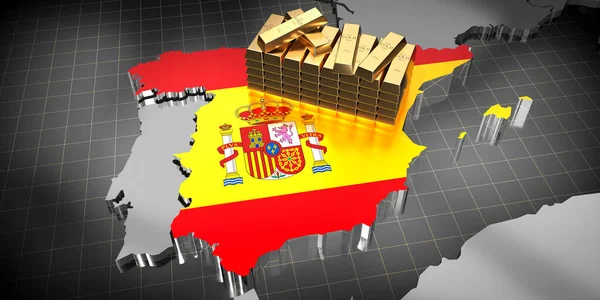 Spain map and flag, gold ingots - 3D illustration