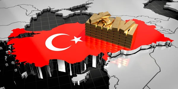 Turkey map and flag, gold ingots - 3D illustration