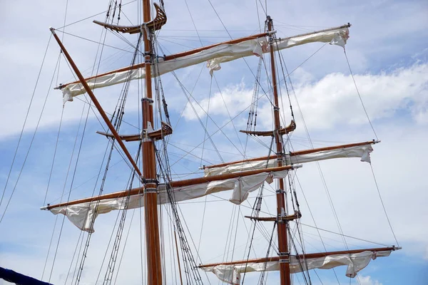 Tall Ship Mast Rolled Sails Sky Background — Stock Photo, Image