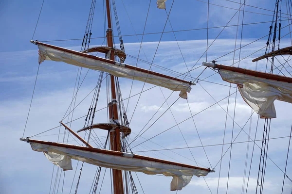 Tall Ship Mast Rolled Sails Sky Background — Photo