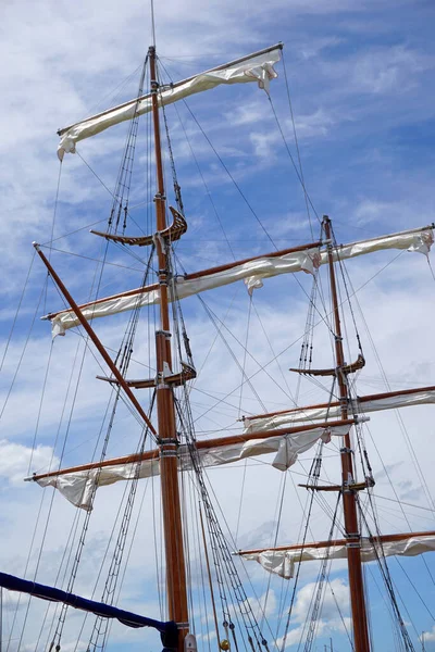 Tall Ship Mast Rolled Sails Sky Background — Fotografia de Stock