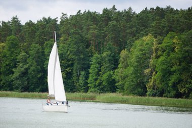Gölde yüzen yelkenli, ağaçlarla kıyıda.