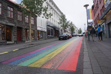Iceland, Reykjavik, August 7th 2022 - Pride month, rainbow flag on balcony