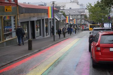 Iceland, Reykjavik, August 7th 2022 - Pride month, rainbow flag on balcony