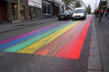 Iceland, Reykjavik, August 7th 2022 - Pride month, rainbow flag on balcony