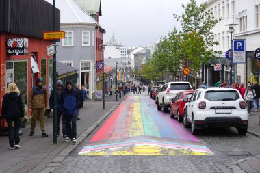 Iceland, Reykjavik, August 7th 2022 - Pride month, rainbow flag on balcony