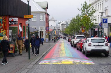 Iceland, Reykjavik, August 7th 2022 - Pride month, rainbow flag on balcony