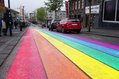 Iceland, Reykjavik, August 7th 2022 - Pride month, rainbow flag on balcony